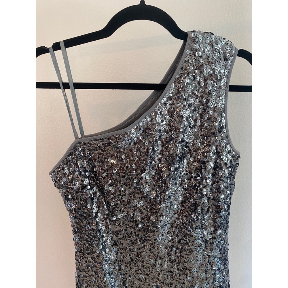Adrianna Papell Silver Sequin One Shoulder Dress